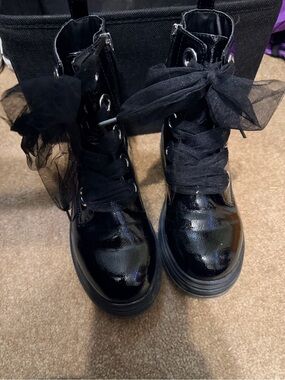 Black Patent Combat Boots with Sheer Ribbon Laces